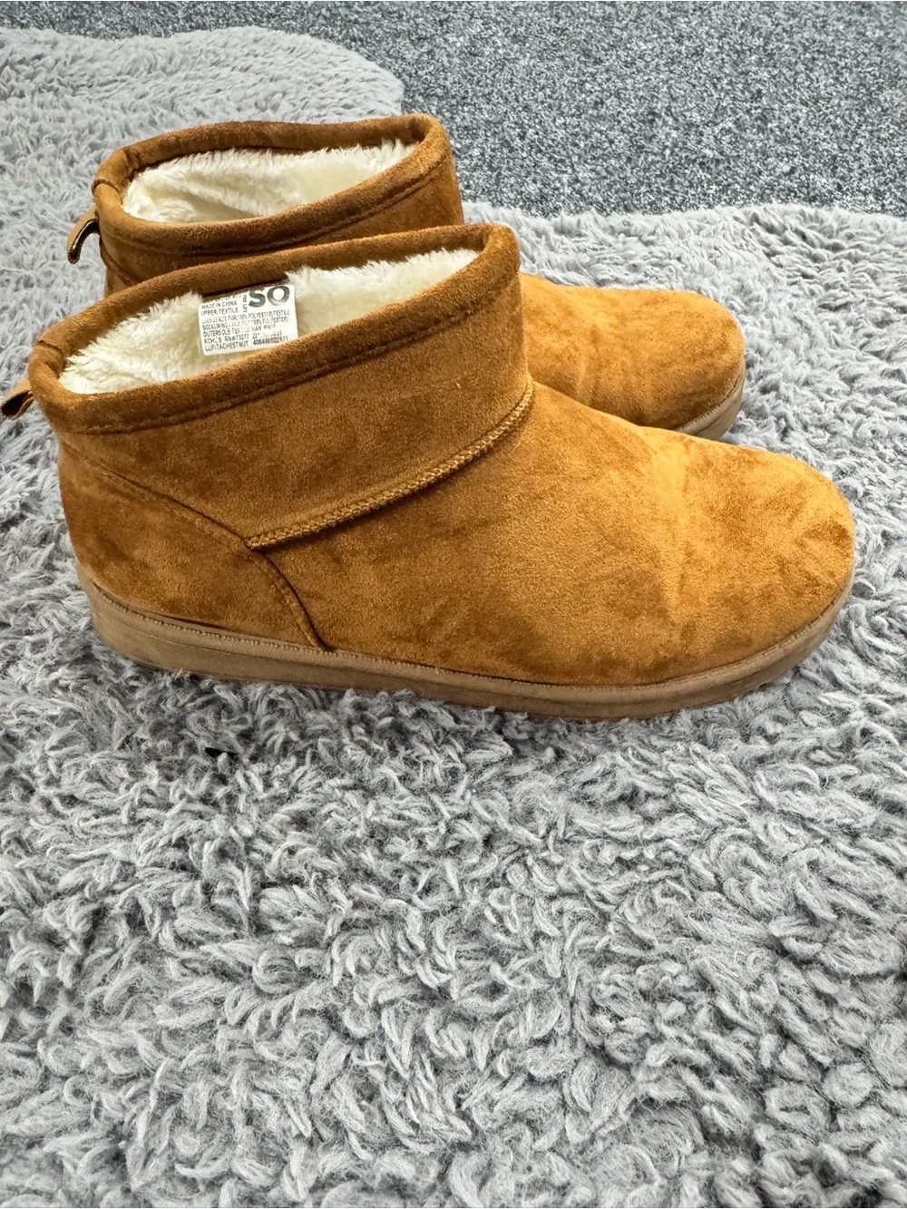 SO Tan Suede-Look Faux-Fur Lined Ankle Booties 8.5